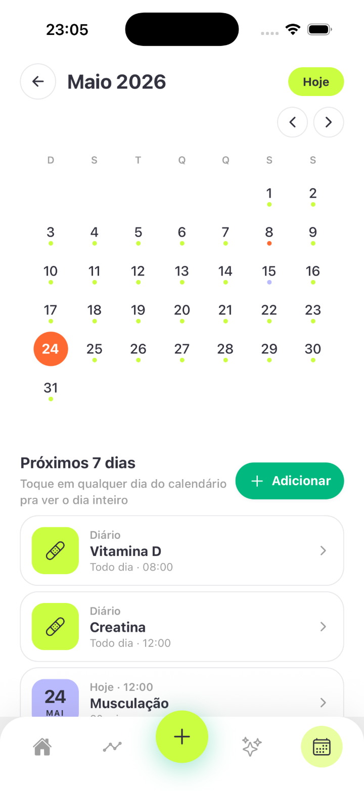 Tela de calendário da Nuya com os próximos 7 dias e lembretes de remédios