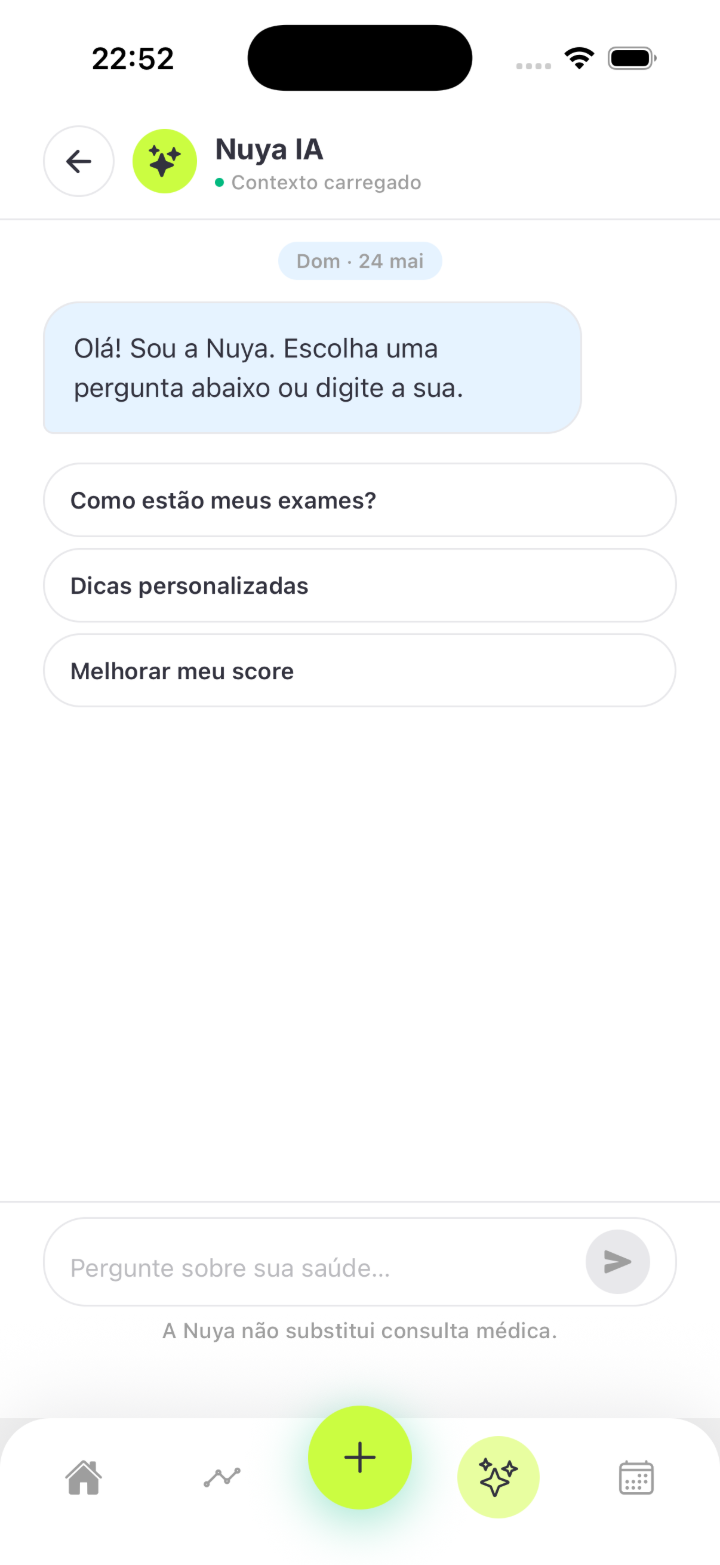 Tela do chat com a Nuya IA, com o contexto da saúde já carregado e perguntas sugeridas