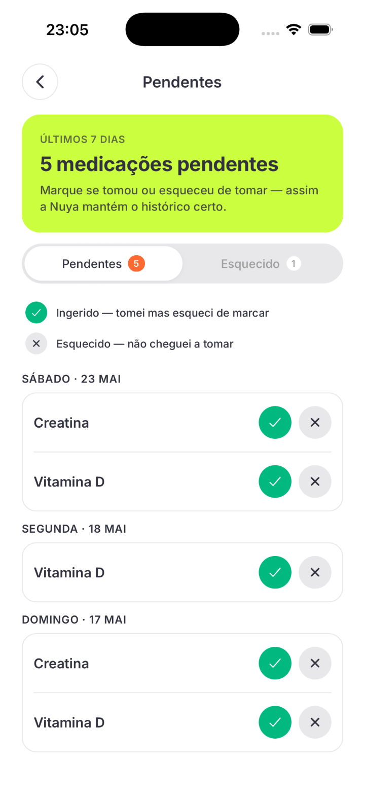 Tela de controle de remédios da Nuya