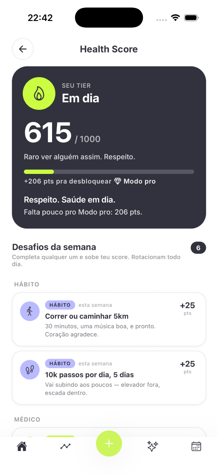 Tela do Health Score da Nuya com pontuação 615 de 1000 e desafios da semana